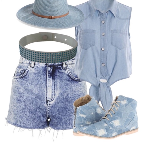 Denim Patchwork Distressed Combat Moto Boots - Picture 8 of 8